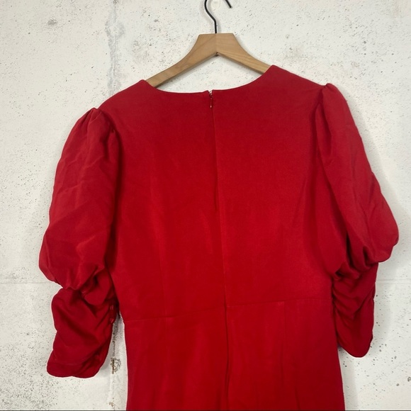 Self Portrait Crepe Red Midi Ruffle Puff Sleeve Crepe Dress Size 10 - Picture 3 of 7